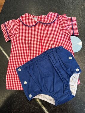 Little English Red Gingham Top with Navy Bloomers